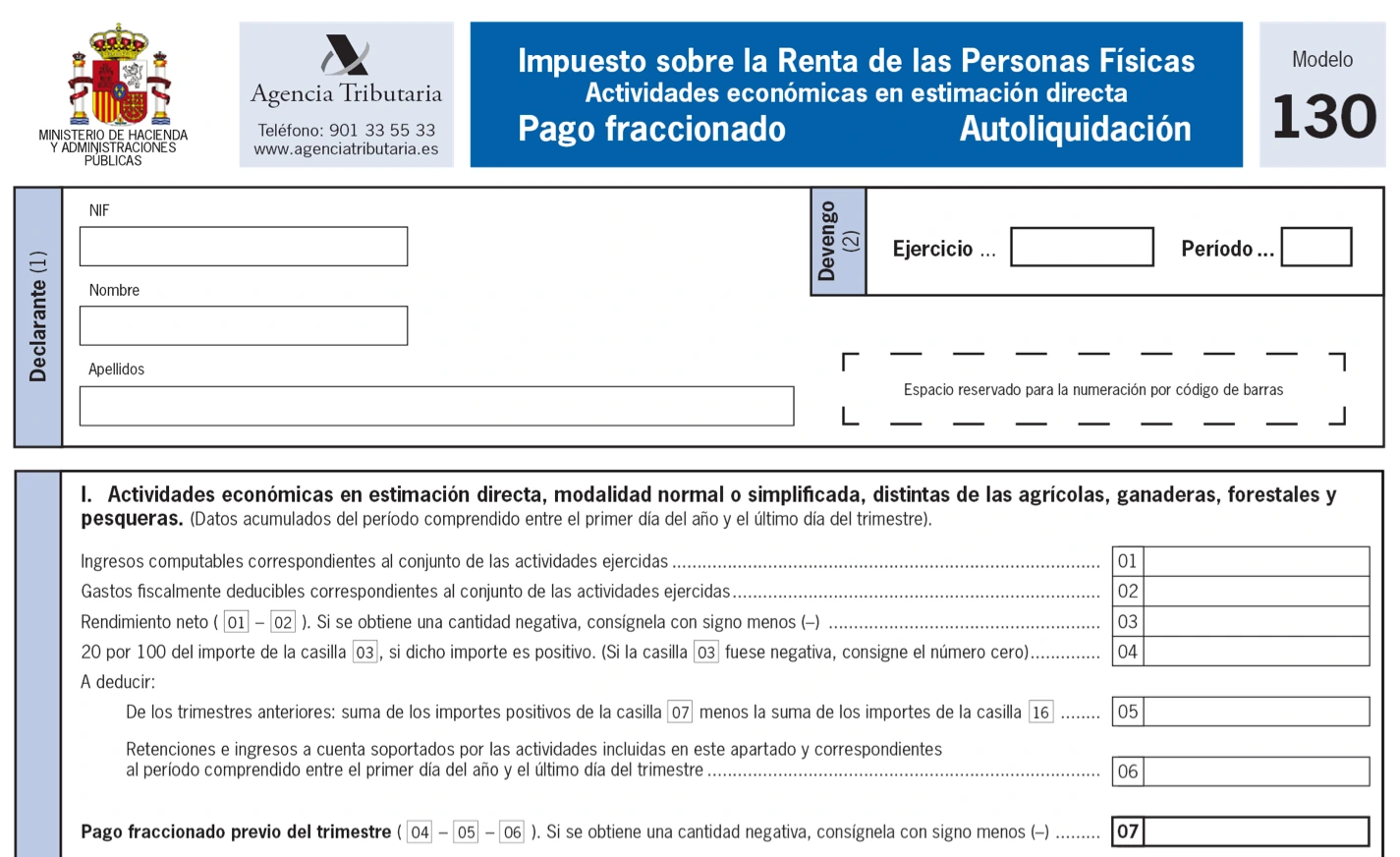 Formulario oficial del modelo 130 de la Agencia Tributaria: pago fraccionado del IRPF, con las casillas 01 a 07 de la liquidación